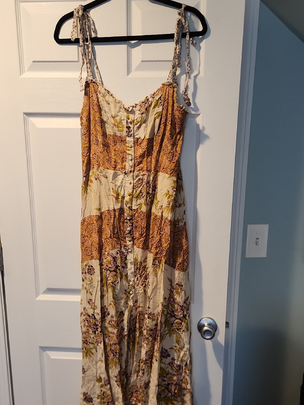 Free People Cream and Mustard Floral Tie-Shoulder Maxi Dress